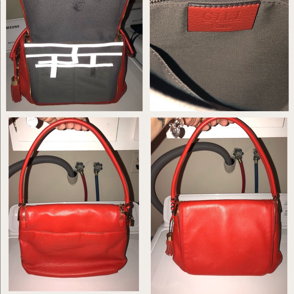 Red leather handbag RFID